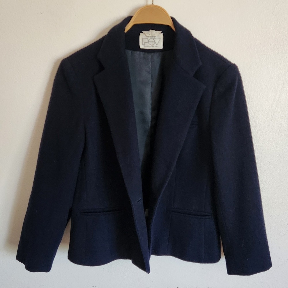 Nordstrom Point of View Vintage Wool Cashmere Cropped Blazer Navy Blue Preppy